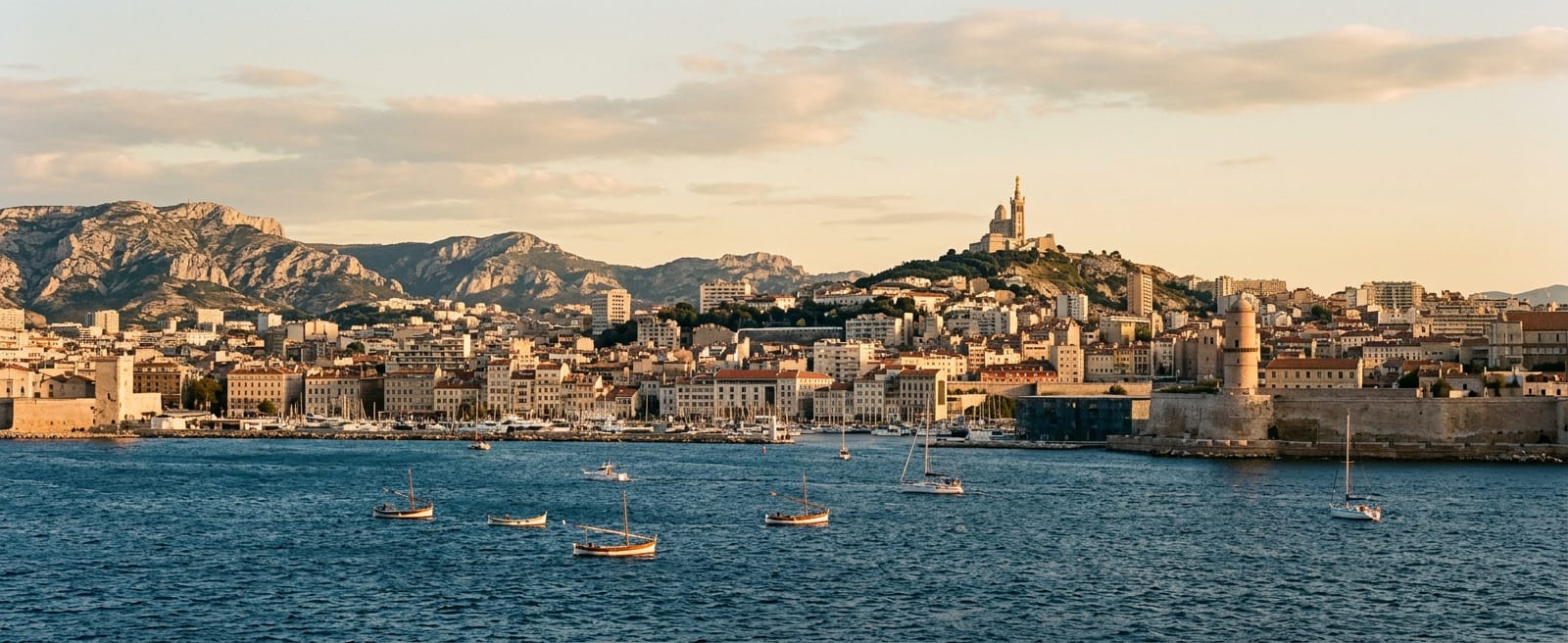 Marseille vue de la mer en fin de journée, la basilique Notre-Dame de la Garde au-dessus des toits