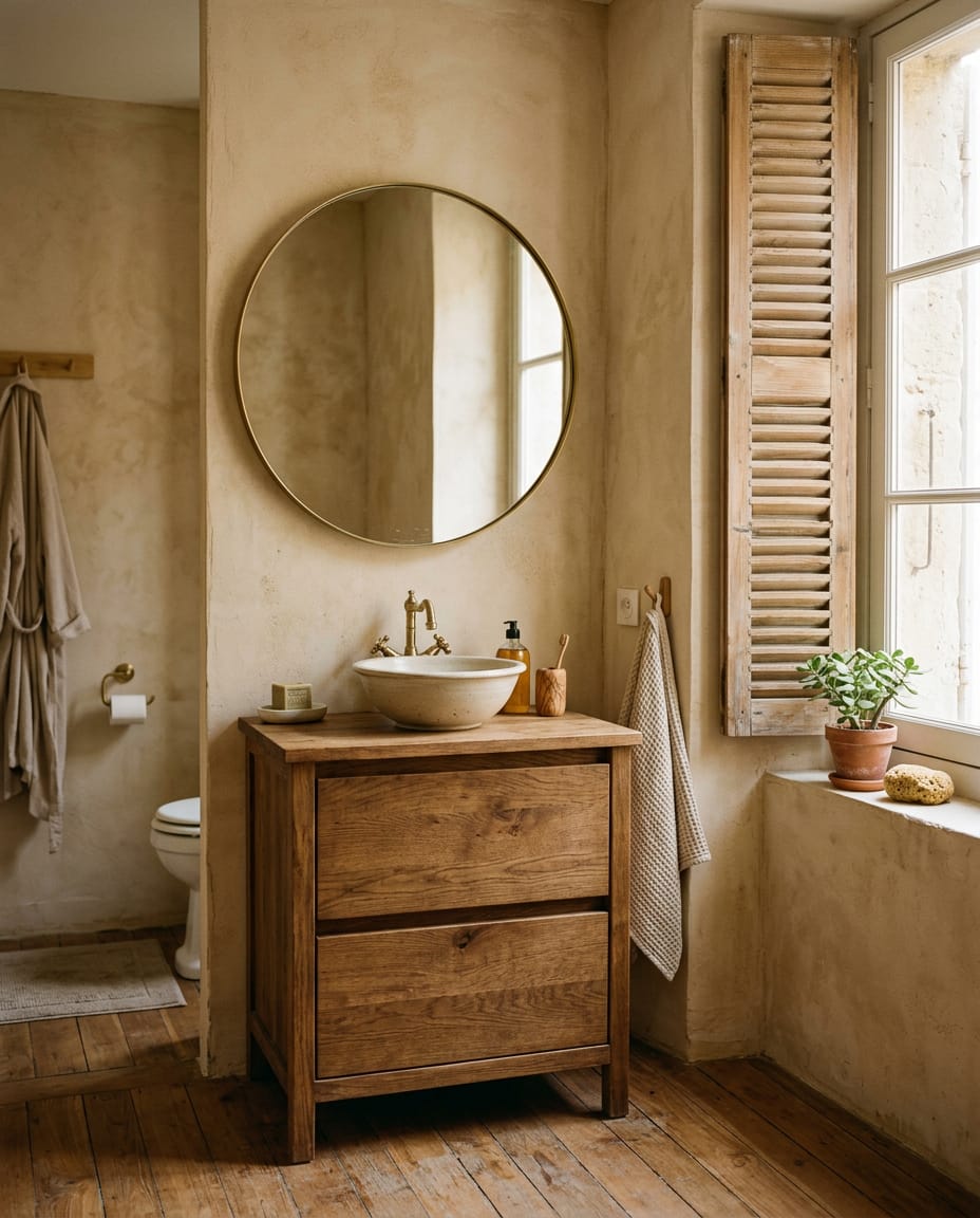 Salle d’eau aux murs à la chaux, miroir rond et meuble en chêne