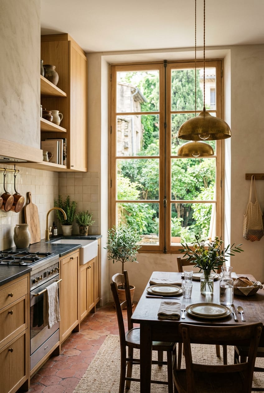 Cuisine en chêne clair, suspensions en laiton, grande fenêtre sur un jardin