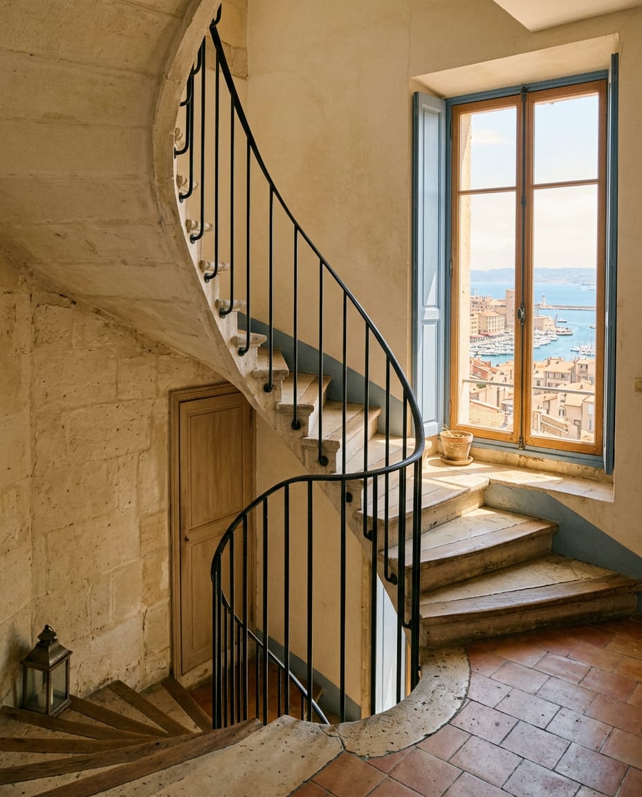 Escalier en pierre à vis et rampe en fer, fenêtre ouverte sur le port