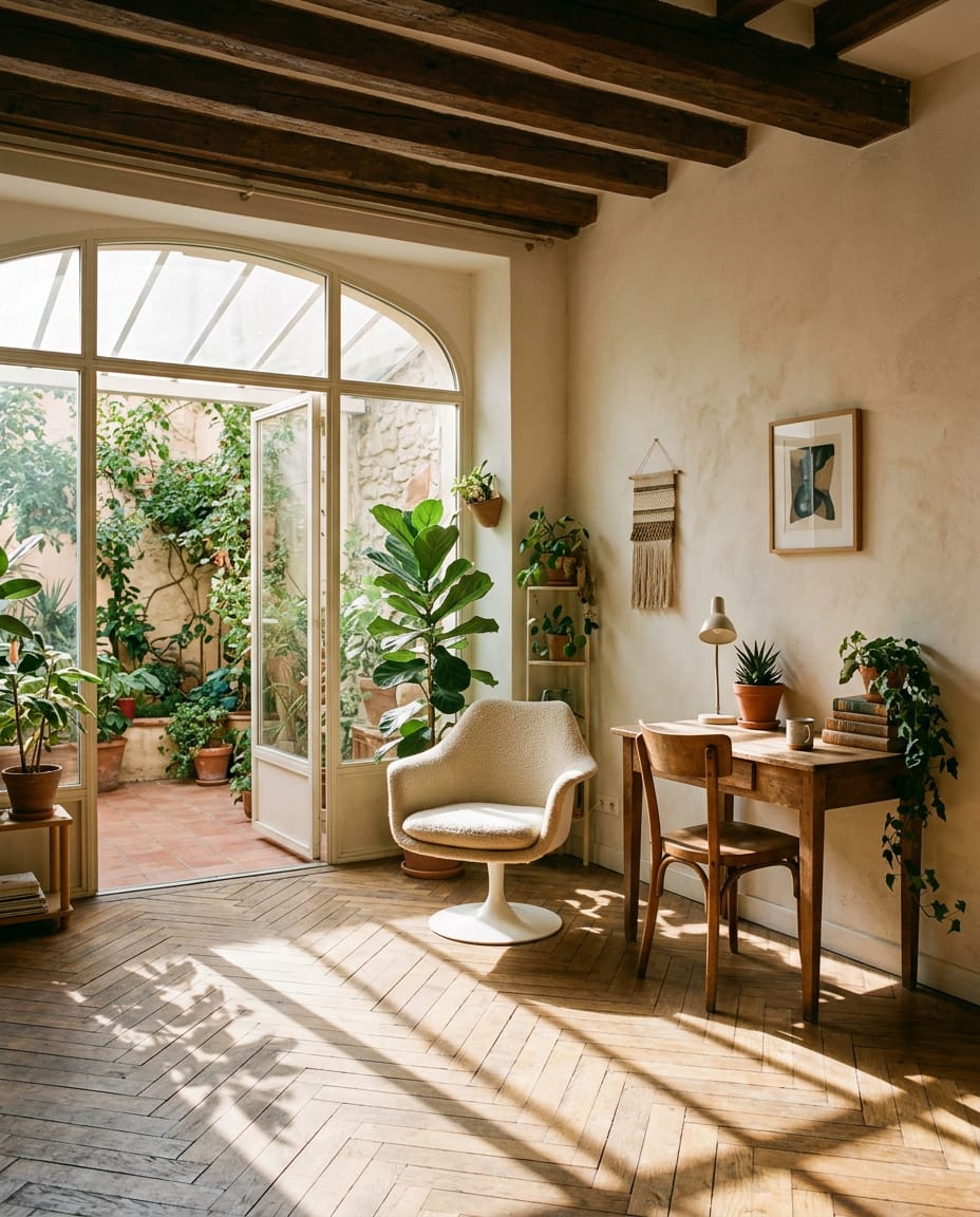 Salon lumineux sous poutres apparentes, fauteuil tulipe et verrière sur une cour fleurie