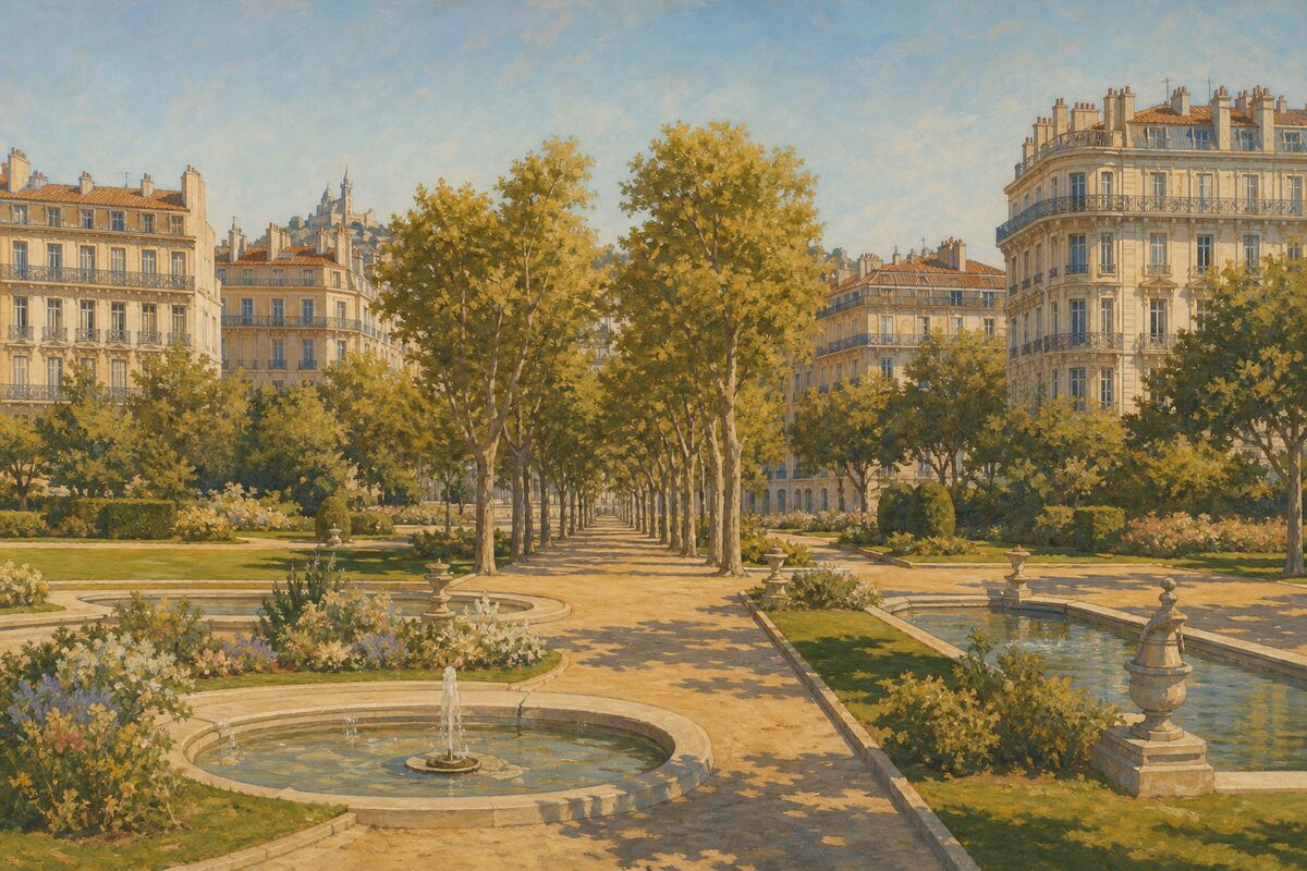 Illustration du parc du 26e Centenaire : les bassins, les pelouses et l’allée centrale, immeubles derrière
