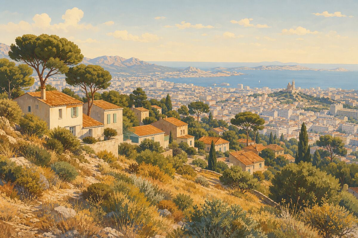 Illustration de Saint-Loup : les maisons sur les collines, la pinède et la vue sur la ville
