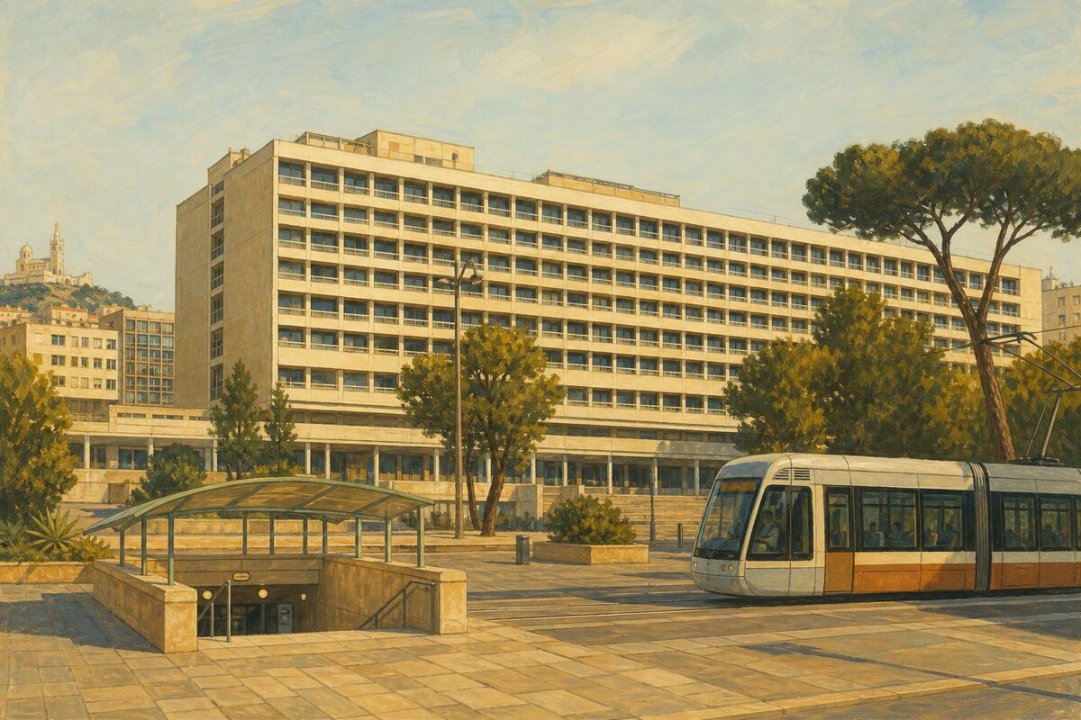 Illustration de la Timone : la façade de l’hôpital, la place face au métro et le tramway