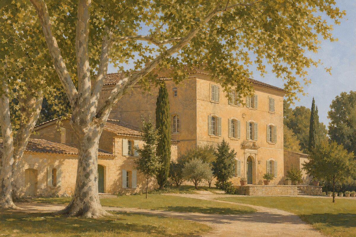 Illustration du château de la Buzine : le château dans son parc, sous les grands arbres