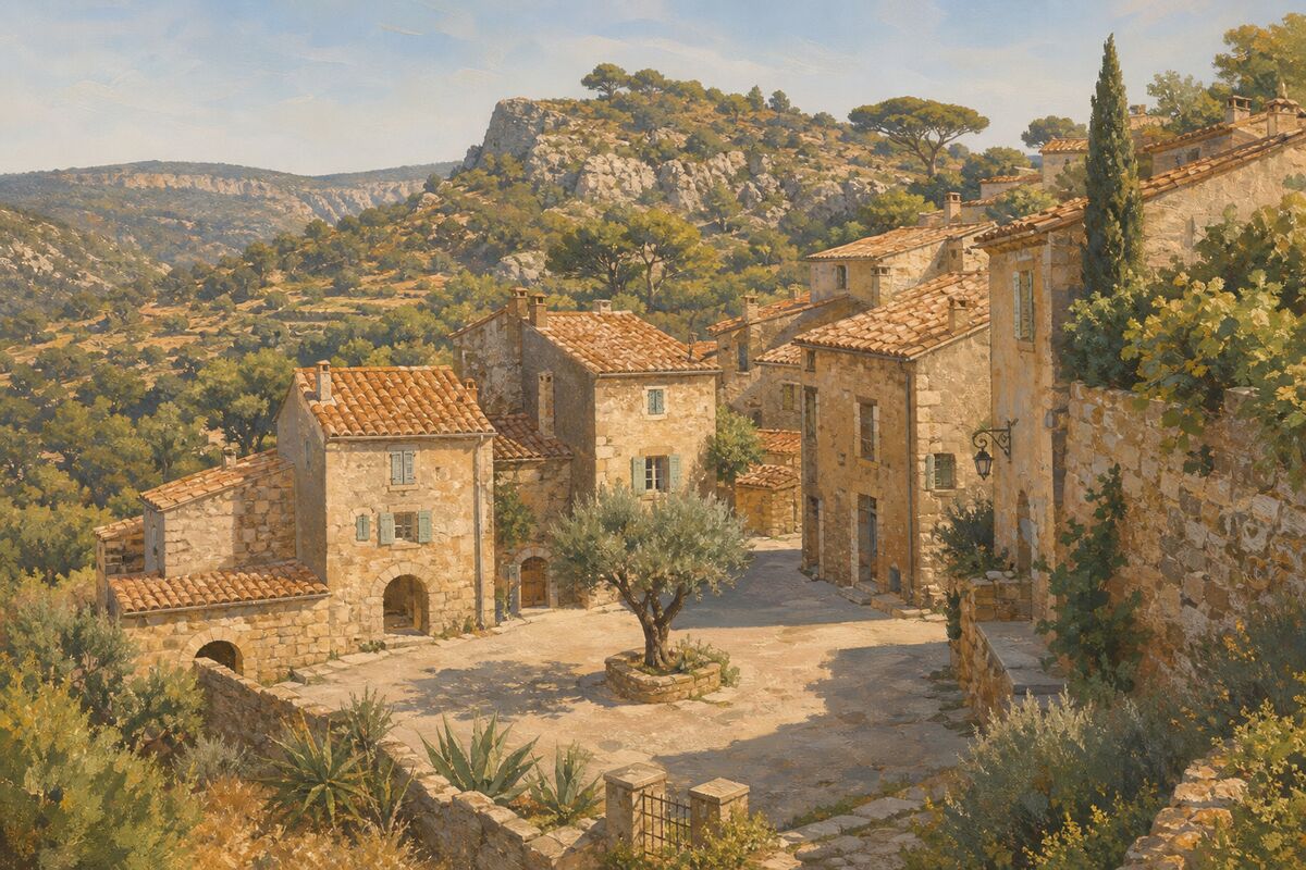 Illustration d’Éoures : le village accroché à la colline, les toits de tuiles et la garrigue autour