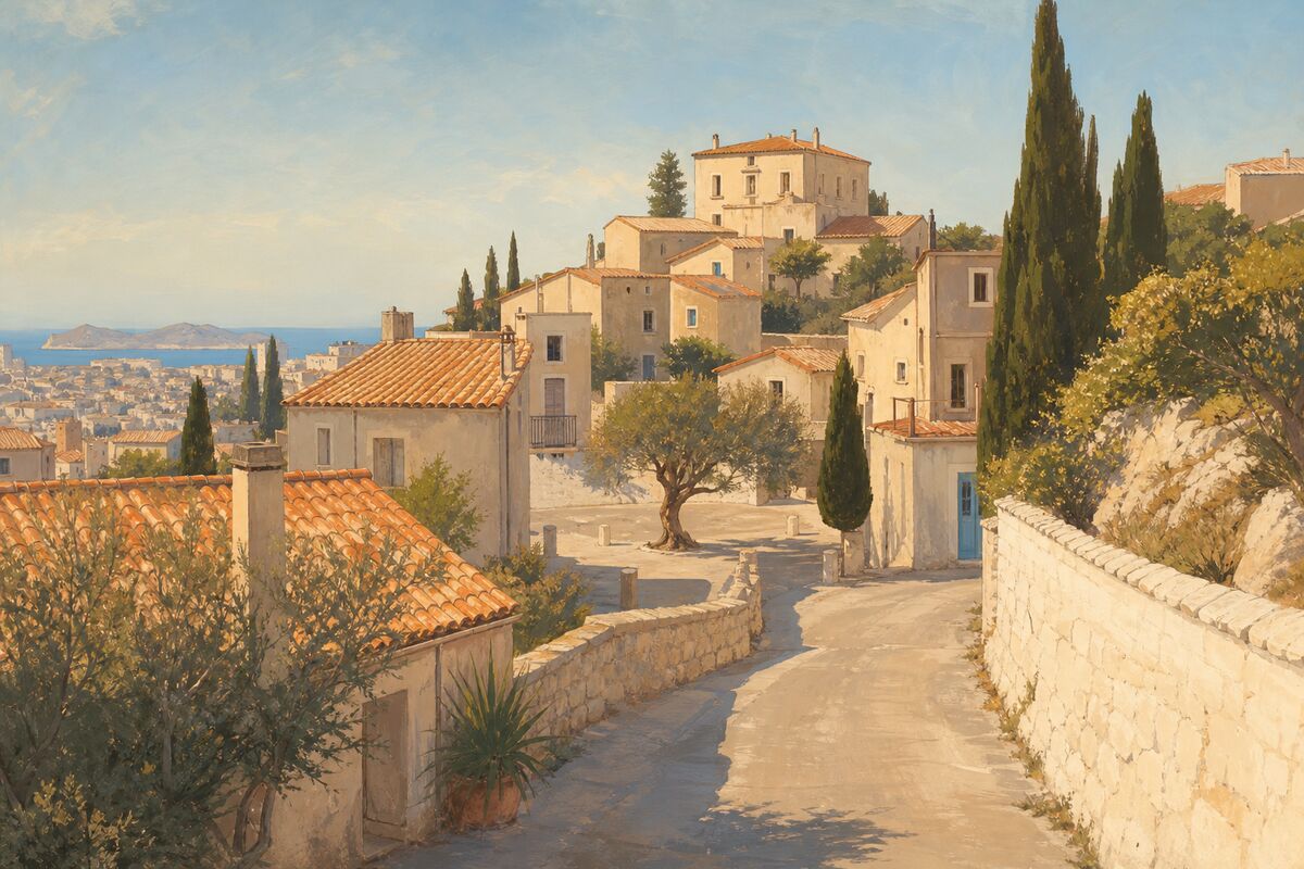 Illustration de La Treille : le village de Marcel Pagnol, la place et les toits de tuiles face à la colline