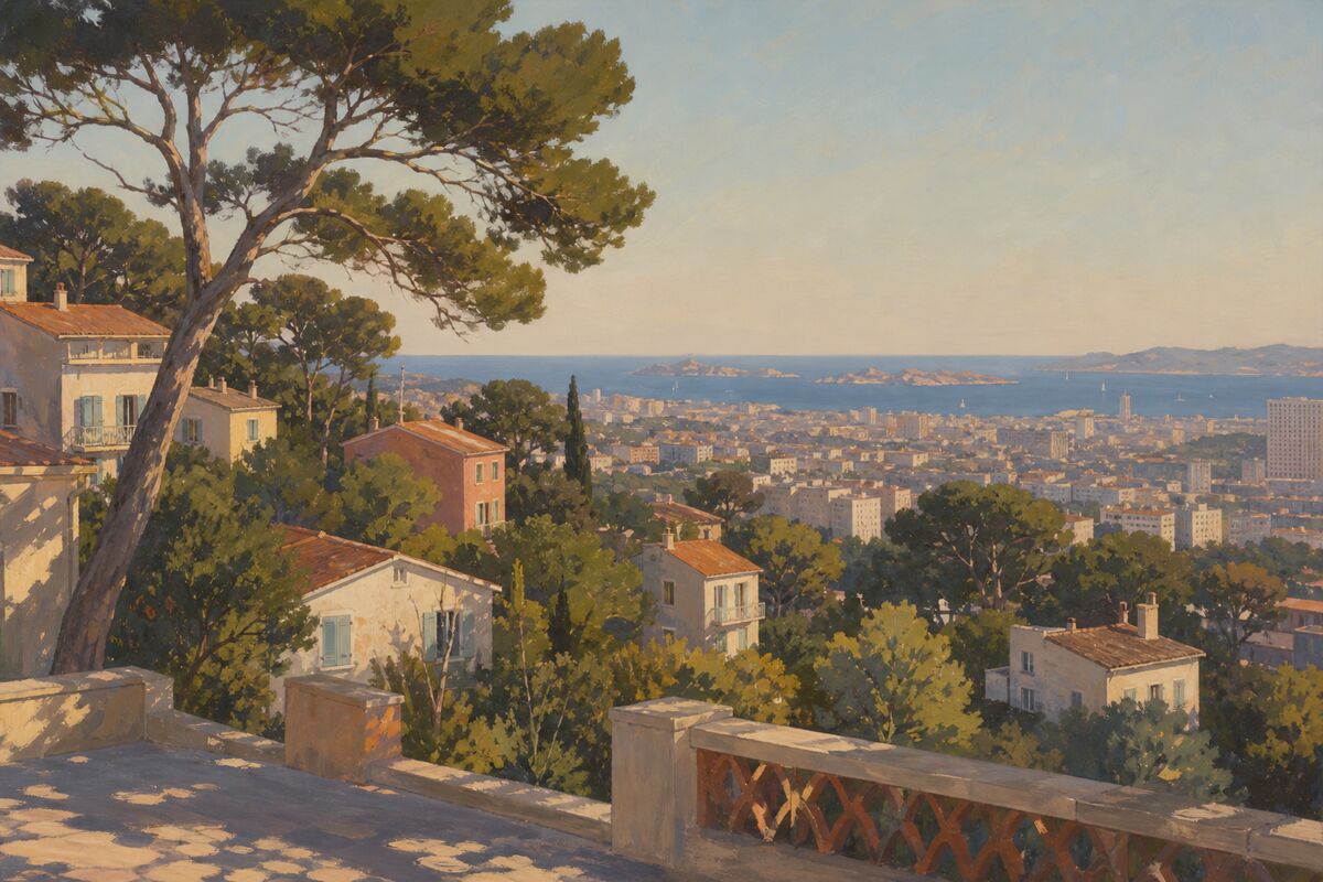 Illustration de Bois-Luzy : les maisons dans les pins, le belvédère et la vue sur la ville