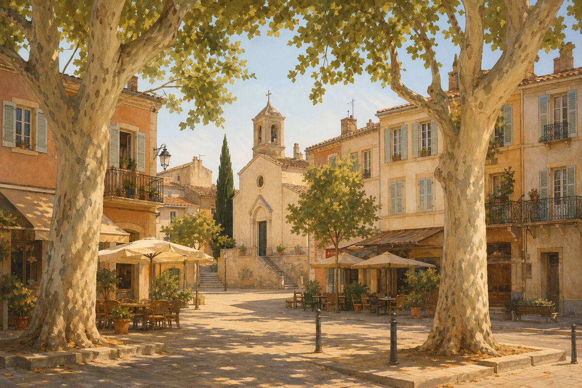 Illustration du village de Saint-Barnabé : la place du village, les terrasses et l’église