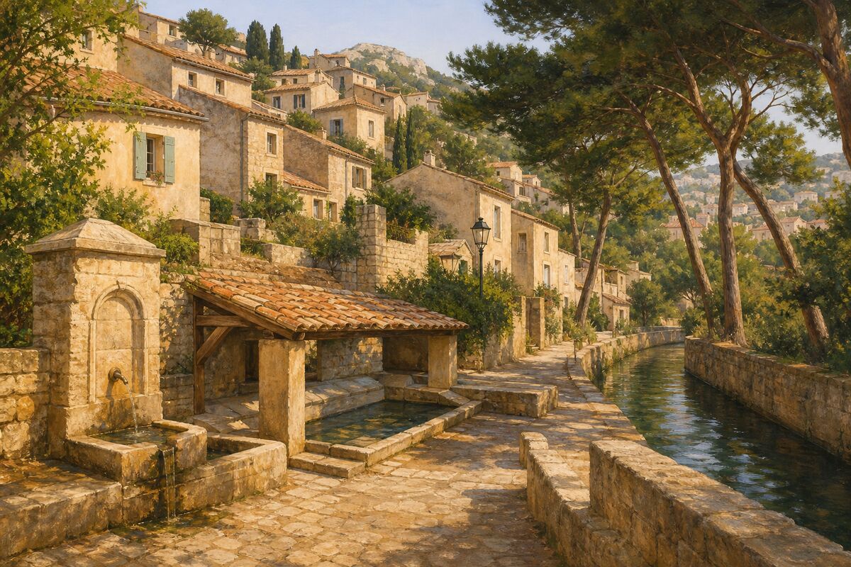 Illustration de Saint-Julien : le vieux village sur la colline, les maisons et le canal de Marseille