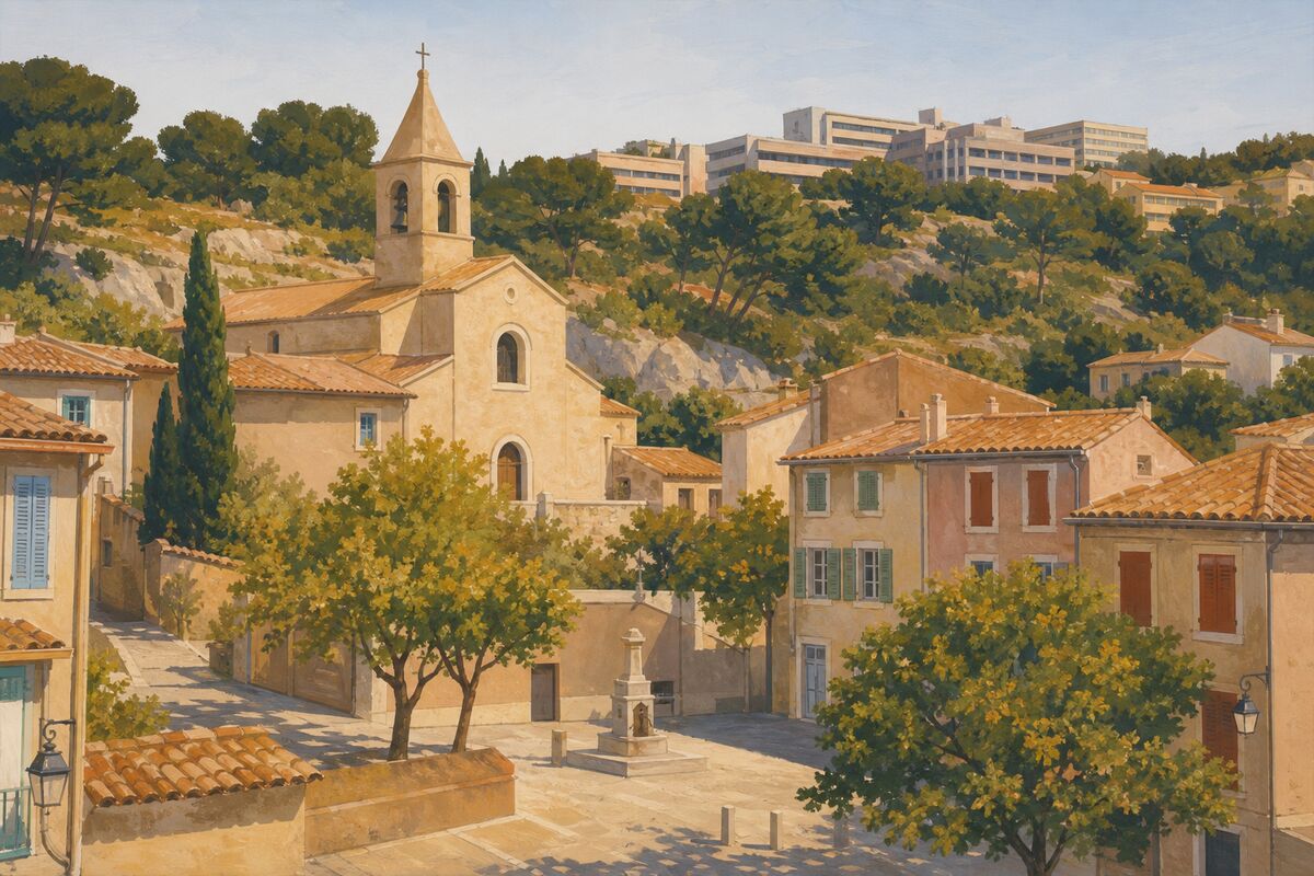 Illustration du village de Château-Gombert : l’église et les maisons autour de la place