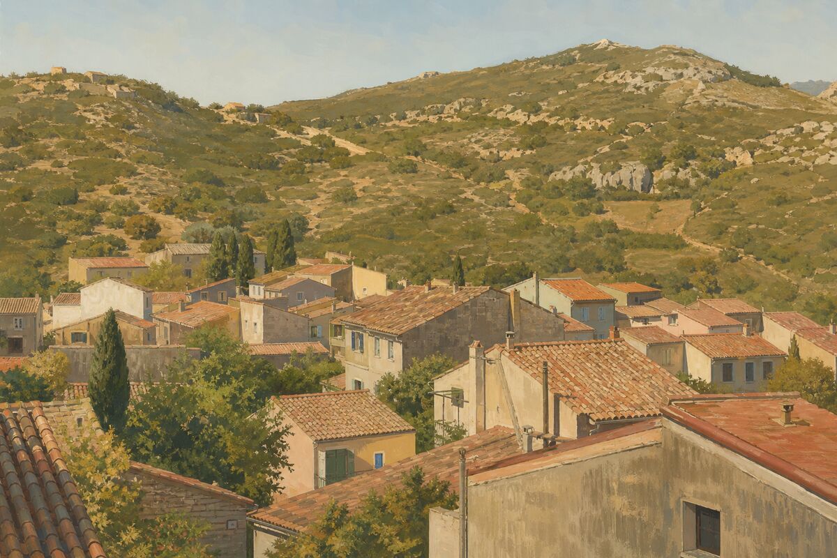 Illustration du village des Olives : les toits du vieux village, la garrigue et les collines au-dessus
