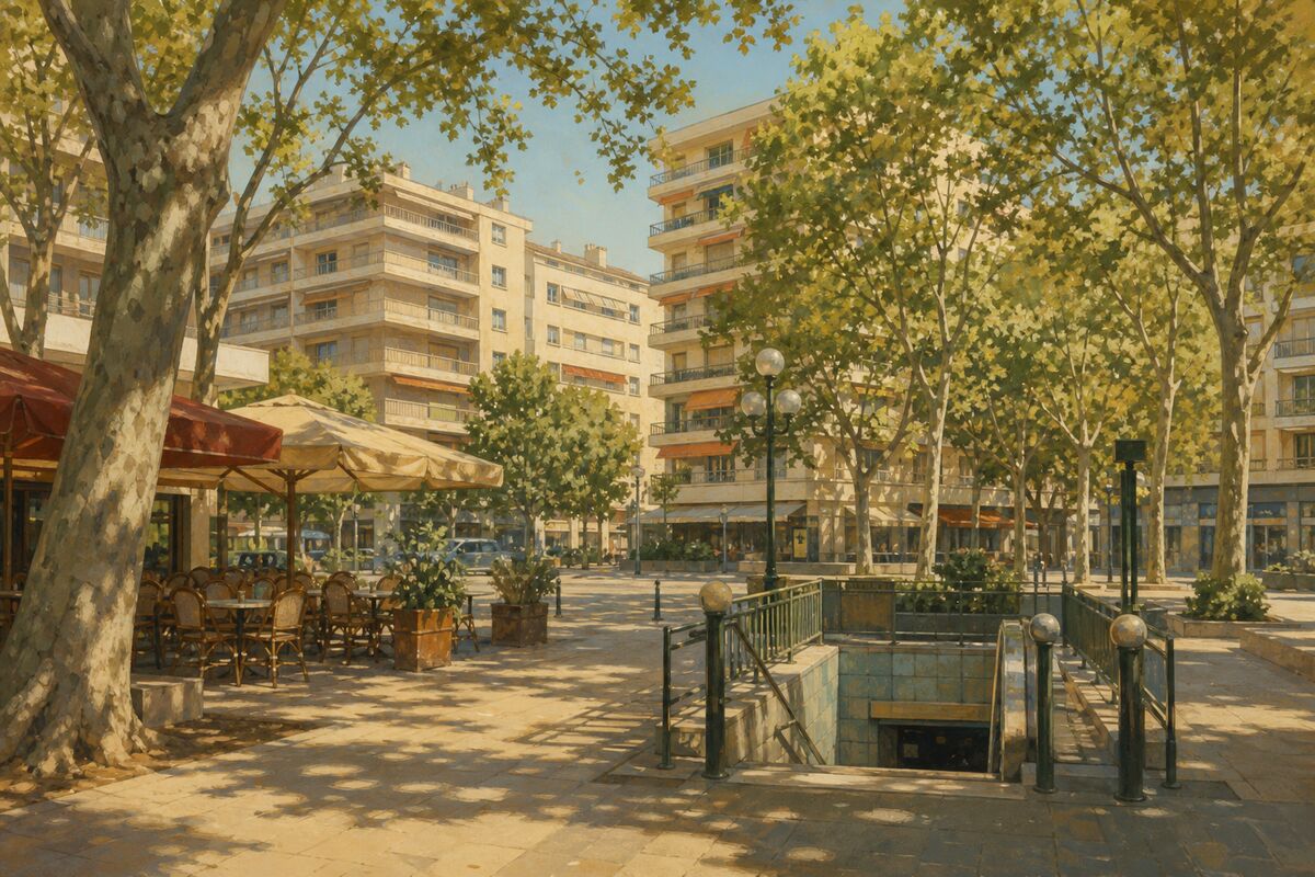 Illustration de la place de Saint-Just : la placette arborée, les terrasses et les immeubles résidentiels
