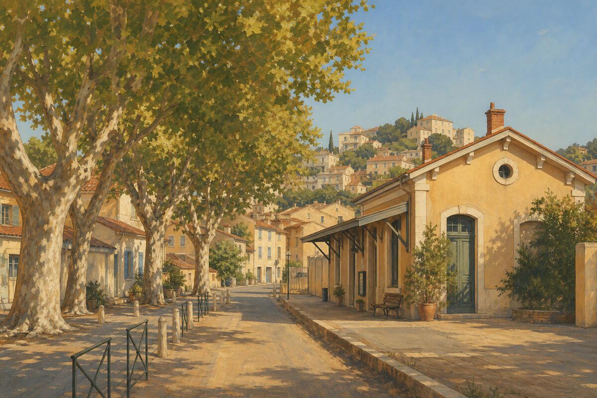 Illustration du village du Canet : les maisons basses, la gare et les platanes