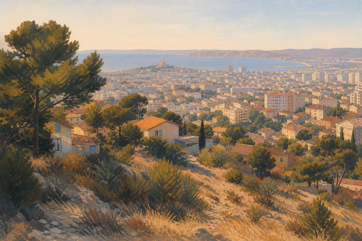 Illustration des collines du Merlan : les maisons dans la garrigue et la vue sur la ville