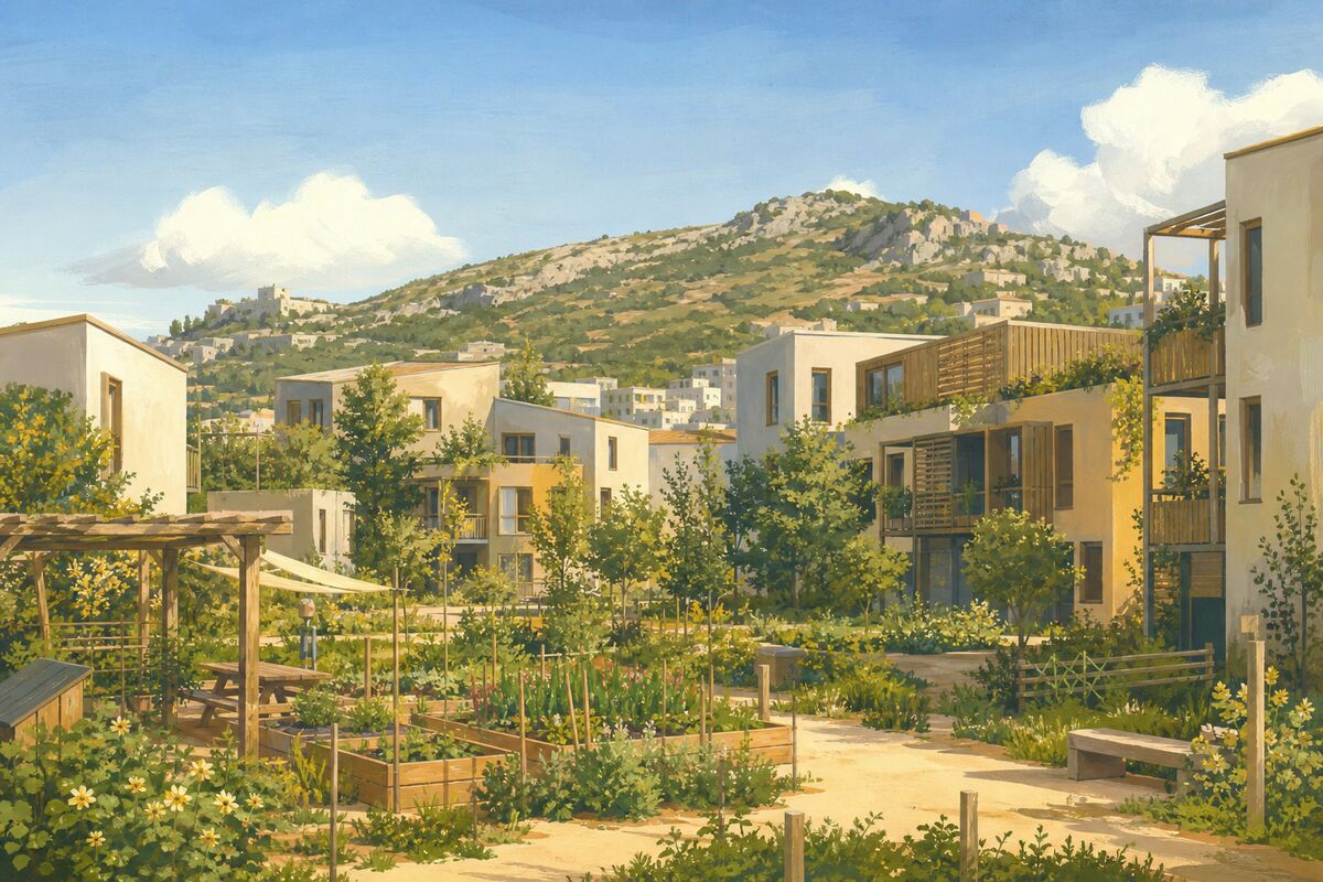 Illustration de l’éco-quartier de Sainte-Marthe : les bâtiments neufs, les jardins partagés et la colline derrière