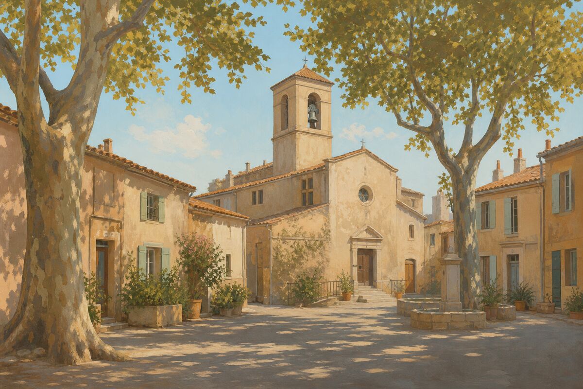 Illustration du village des Aygalades : les maisons basses autour de la place et l’église