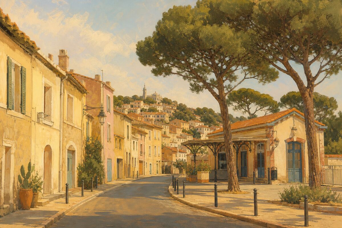 Illustration du village de Saint-Louis : les maisons le long de la route et la gare