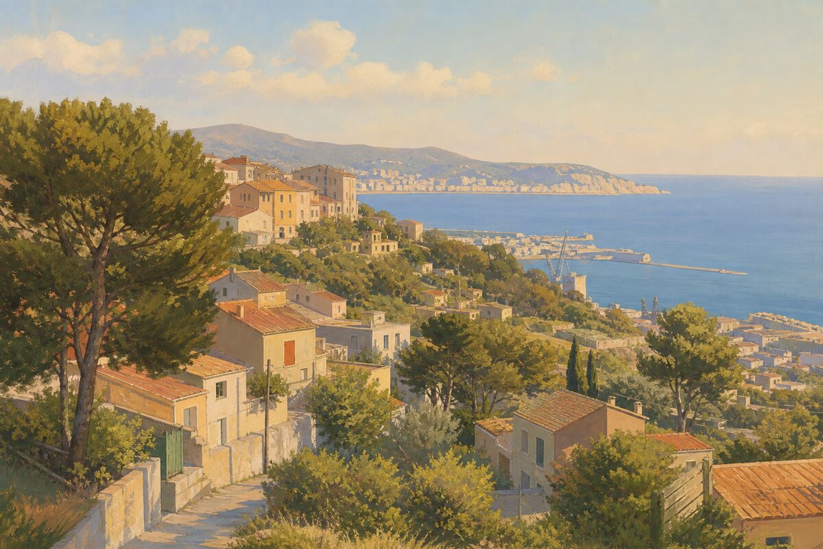 Illustration des hauteurs de La Viste : les maisons sur la colline et la vue vers la mer et l’Estaque