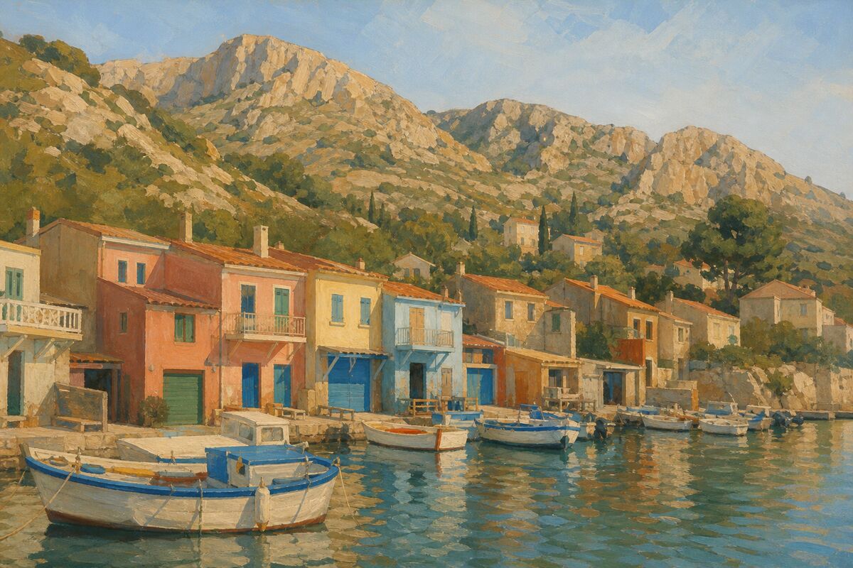 Illustration du port de l’Estaque : les barques, les cabanons et les collines peintes par Cézanne derrière