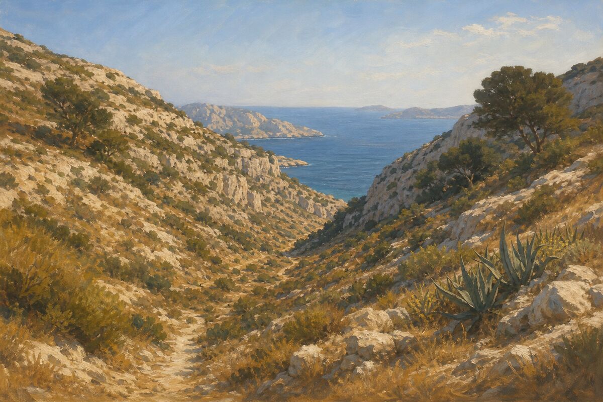 Illustration de la vallée des Riaux : le vallon entre les collines, jusqu’à la mer