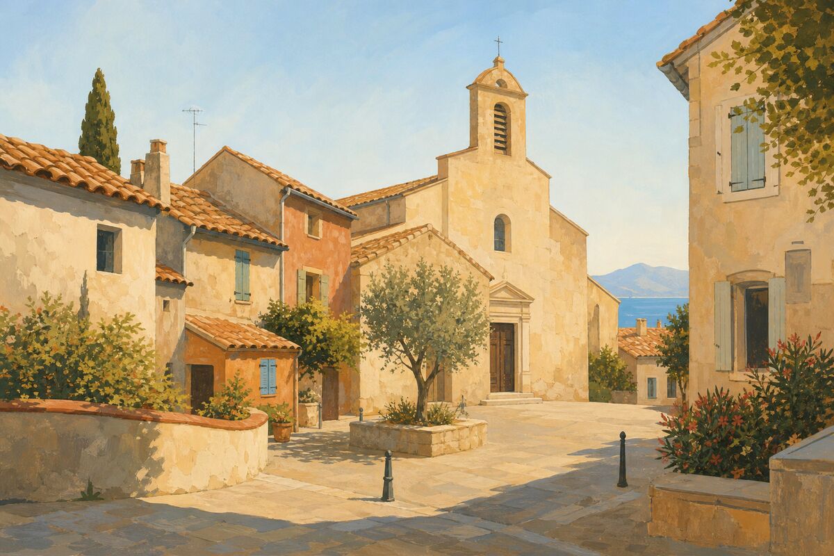 Illustration du village de Saint-André : la place, l’église et les maisons autour