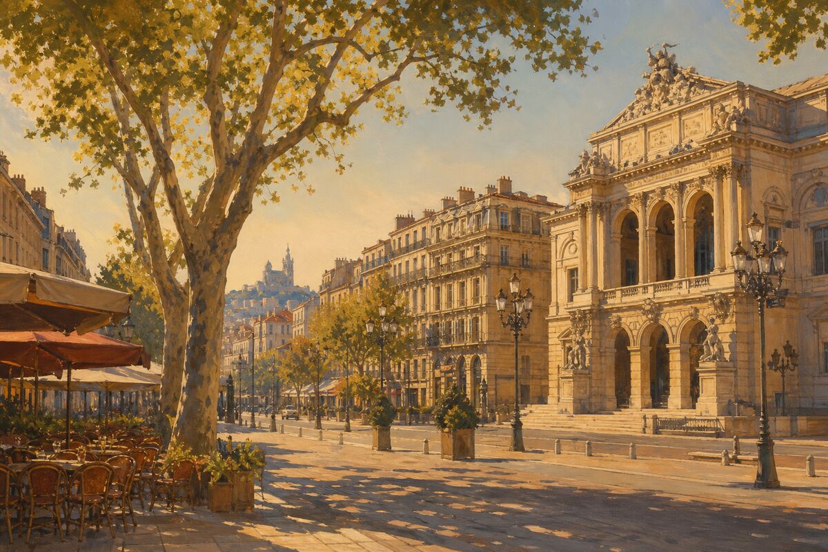Illustration de la Canebière : l’avenue monumentale, la façade de l’Opéra et les cafés sous les platanes