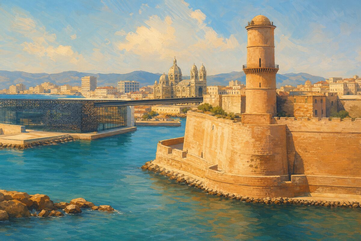 Illustration du Fort Saint-Jean et du MuCEM : le fort posé sur l’eau, les passerelles et le musée