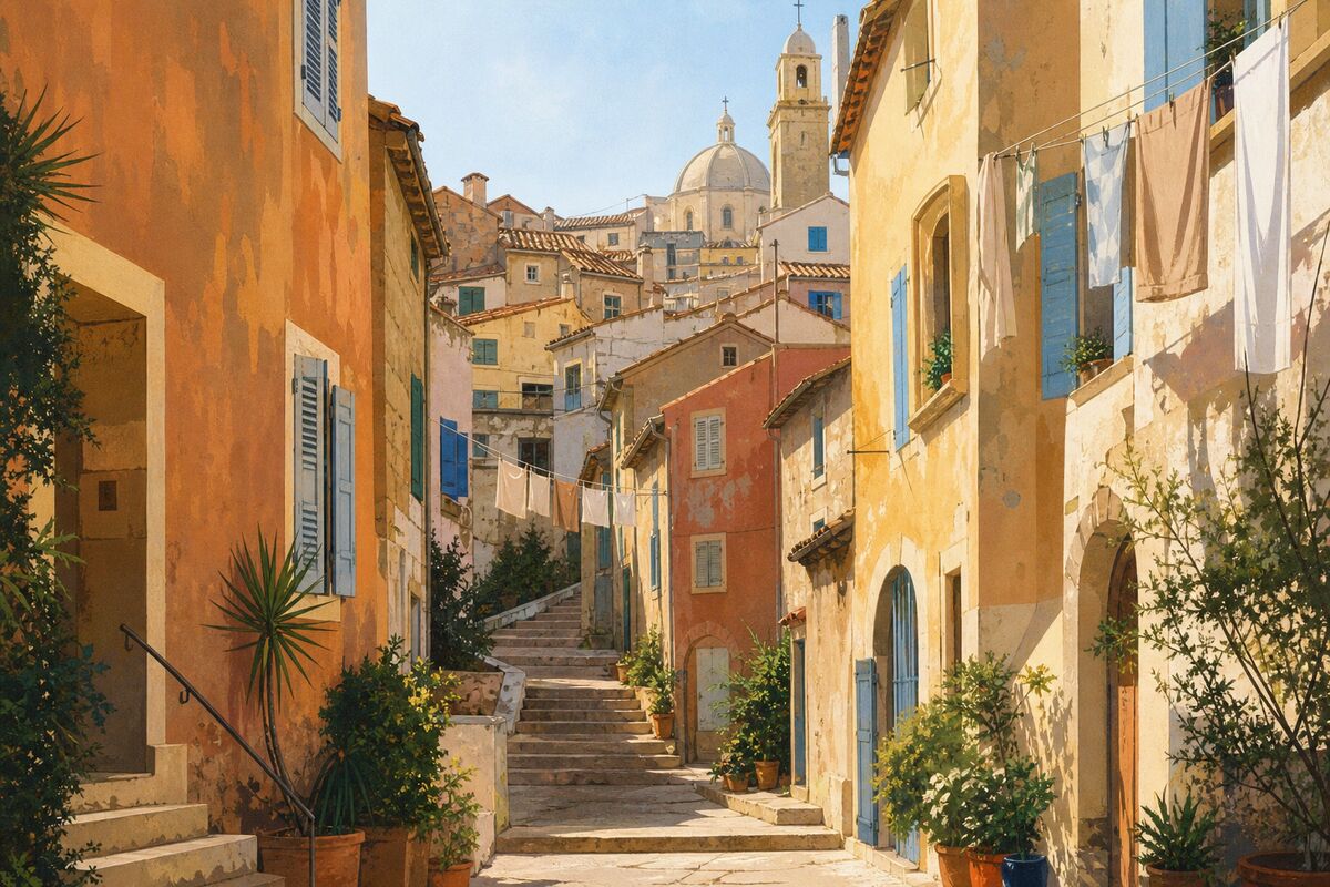Illustration du Panier : les ruelles étroites, les façades colorées et les escaliers du plus vieux quartier de la ville