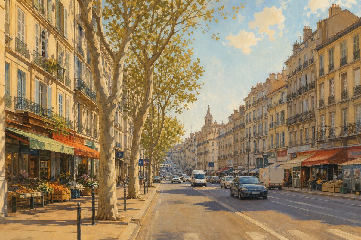 Illustration du boulevard National : les commerces, les immeubles anciens et l’animation du quotidien