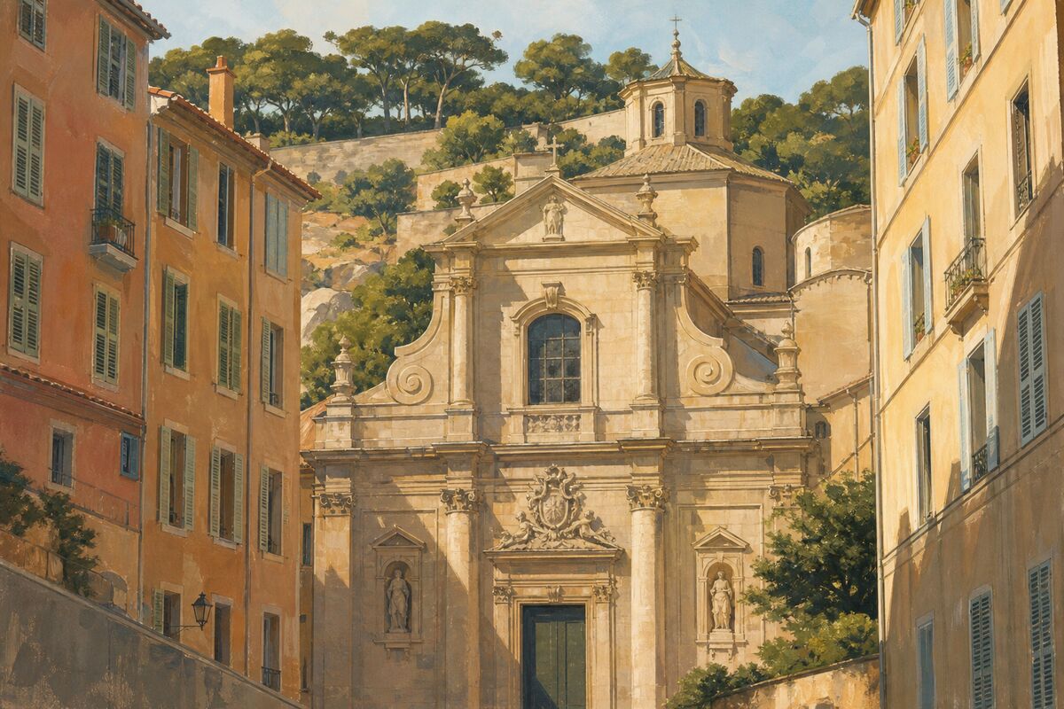 Illustration de l’église des Chartreux : la façade entre les immeubles, la colline derrière