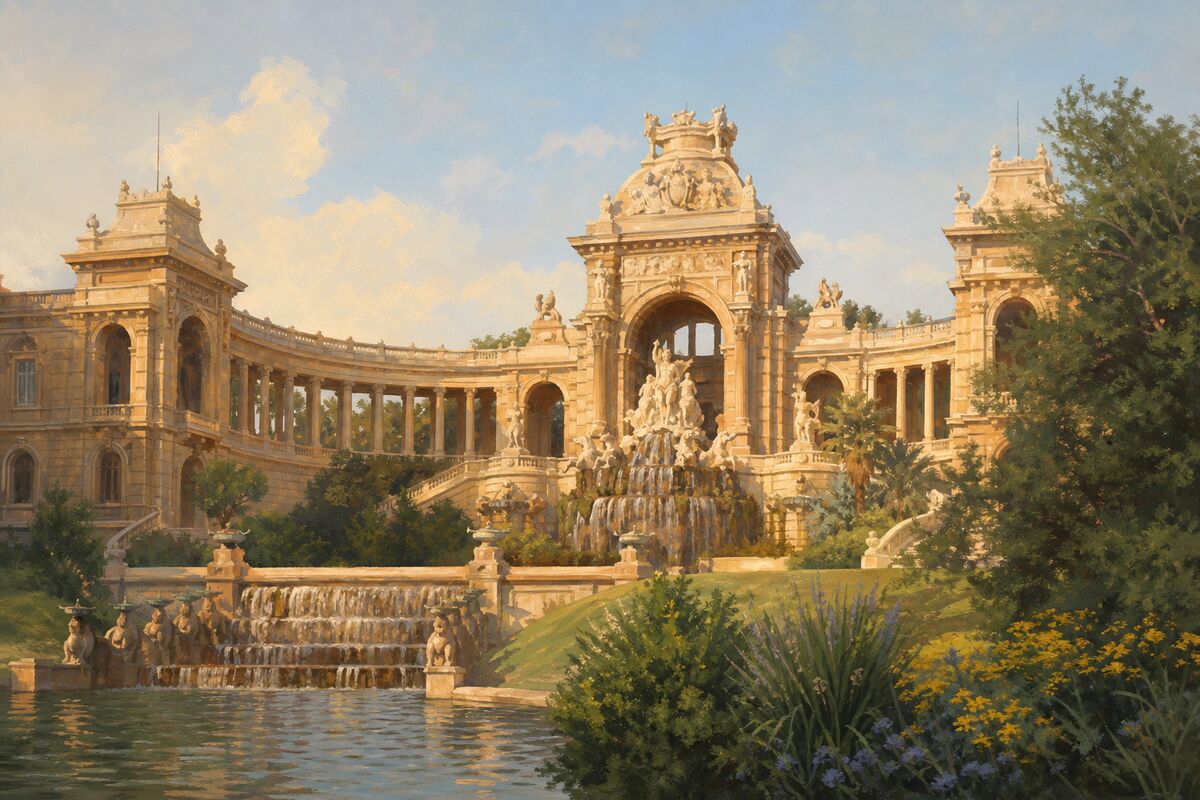 Illustration du palais Longchamp : le château d’eau monumental, les fontaines et les jardins