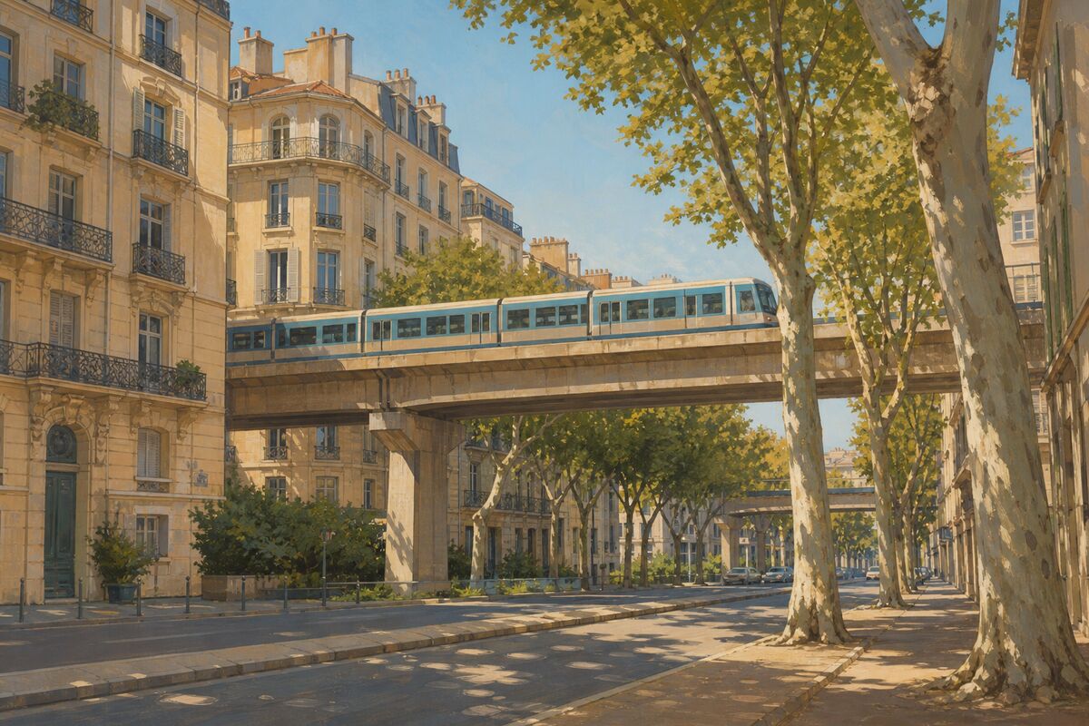 Illustration du boulevard Baille : les immeubles, les platanes et le métro aérien