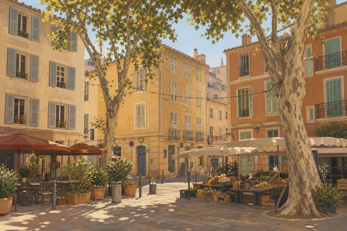 Illustration du Camas : les façades anciennes, le marché et les terrasses du quartier