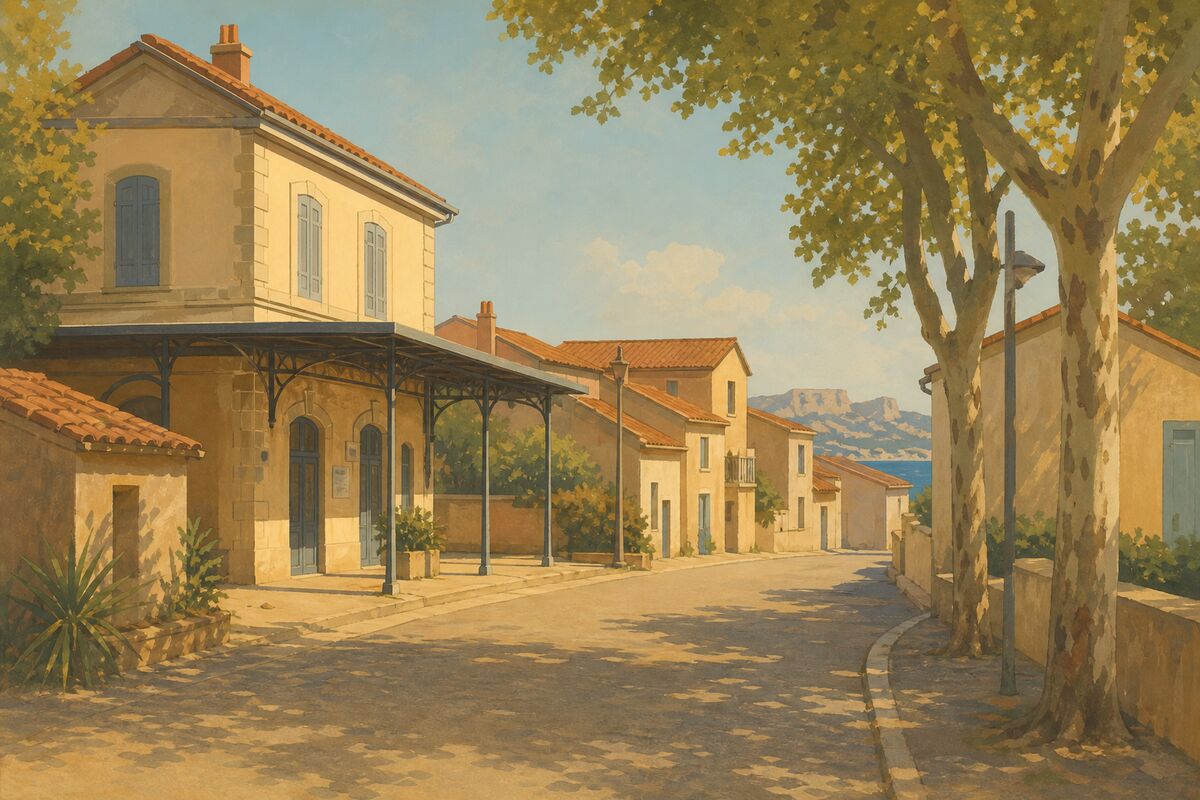 Illustration du village de Saint-Pierre : la gare, les maisons basses et le calme du quartier