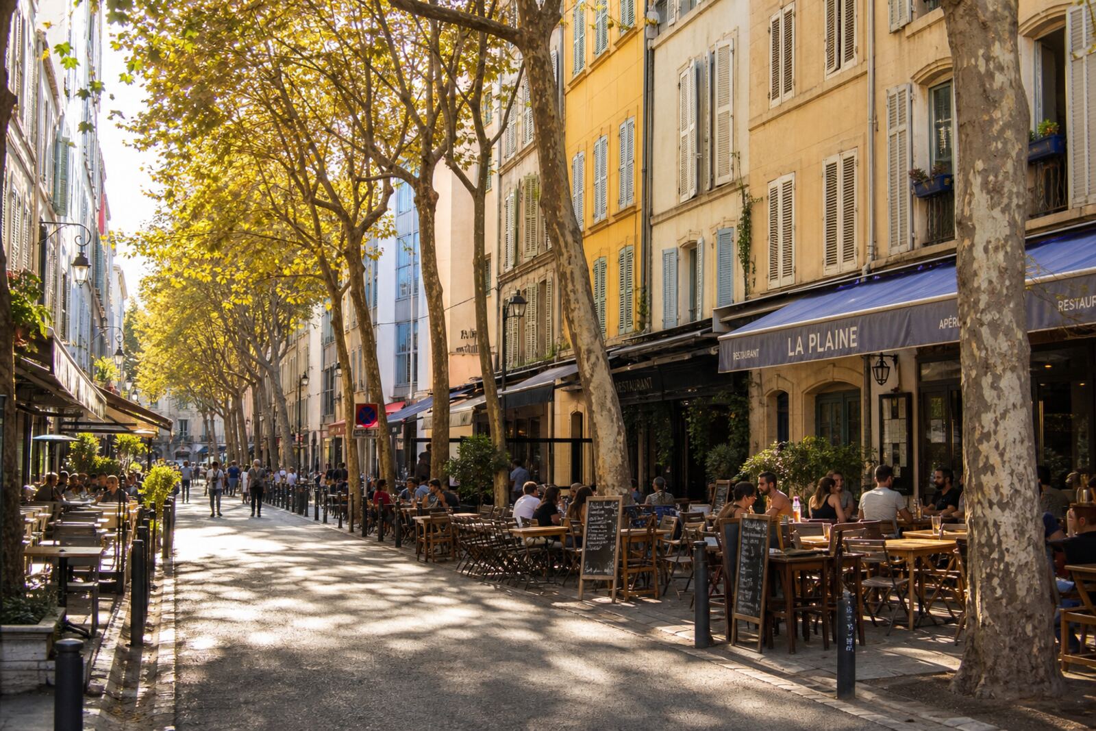 Illustration du Cours Julien : terrasses de cafés sous les platanes, façades colorées
