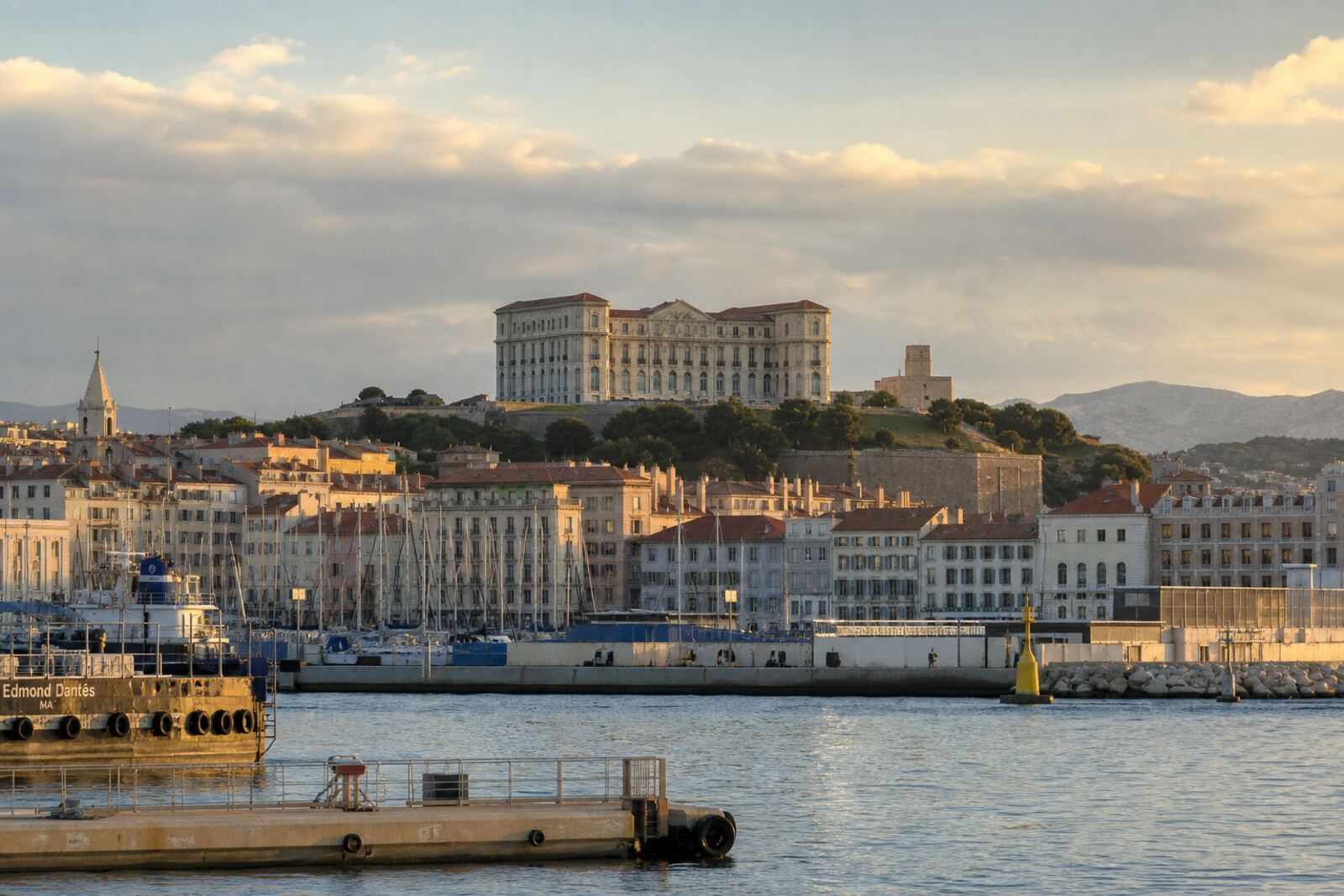 Illustration du palais du Pharo : le palais classique sur sa colline, la rade derrière