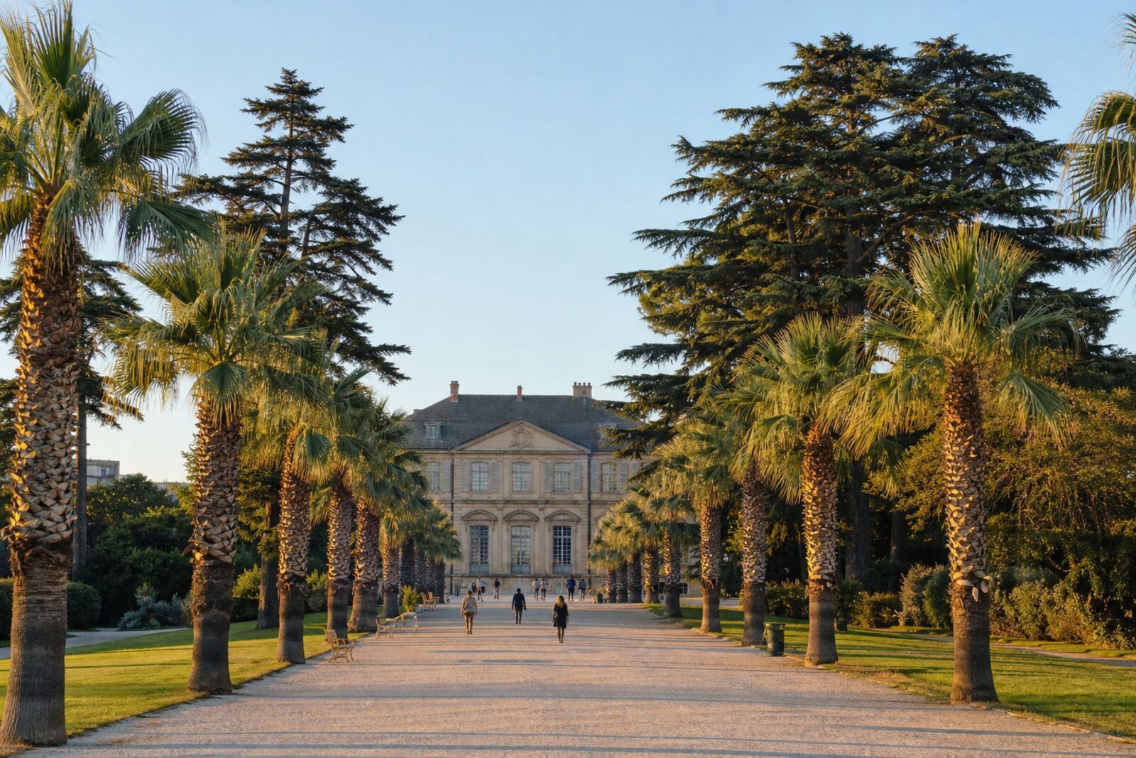Illustration du parc Borély : château classique, grands arbres et allées au soleil du matin