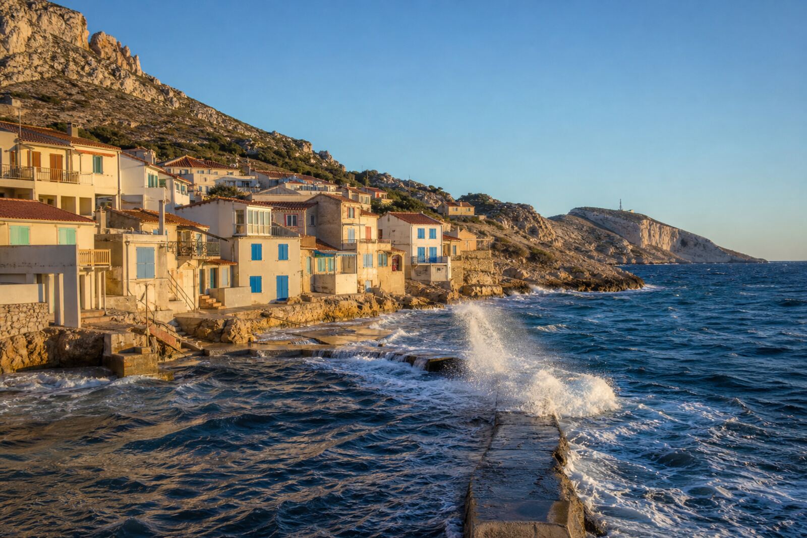 Illustration des Goudes : cabanons de pêcheurs sur la roche, face à la mer bleue