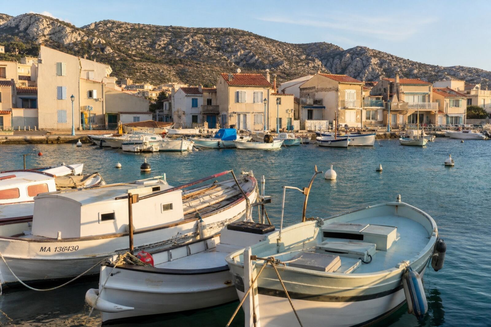 Illustration du port de la Pointe-Rouge : barques amarrées sur une eau turquoise, maisons claires et collines